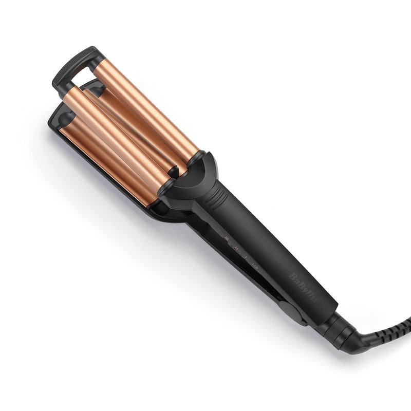  [AUSTRALIA] - BaByliss Deep Waves Hair Waver – Ceramic Coated Barrel, 3 Heat Settings (160°C-200°C), Frizz-Free Mermaid & Beach Waves, Fast Heat-Up – Black & Gold, 2447CU Single