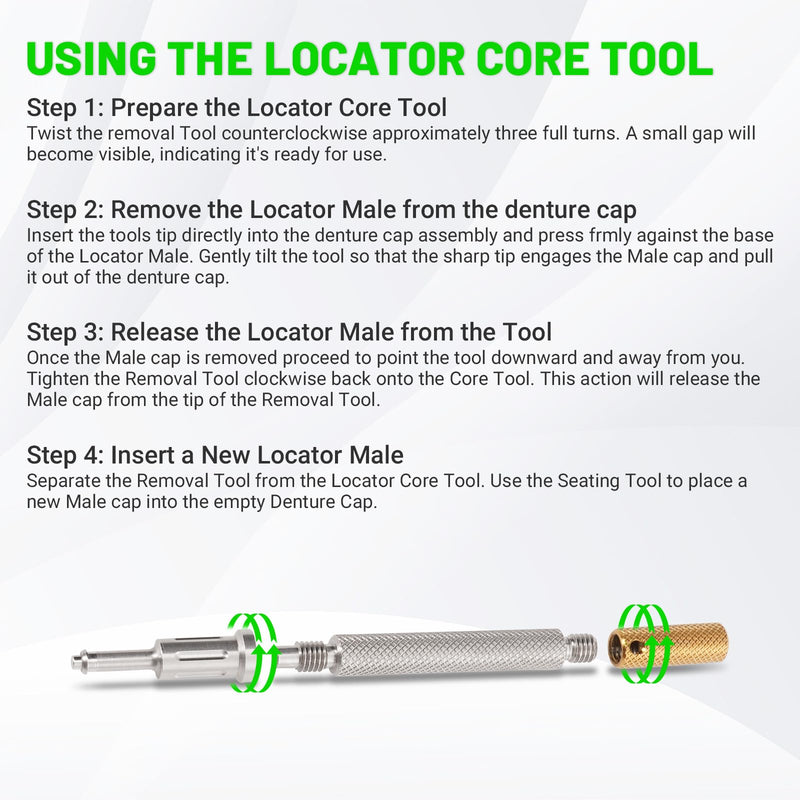 LEAPTREND Implant Tooth Locator Core Tool, Universal Dental Instrument (Golden) with Gloves, 3 Tools in 1 for Overdenture Retention Male Caps Removal and Insertion