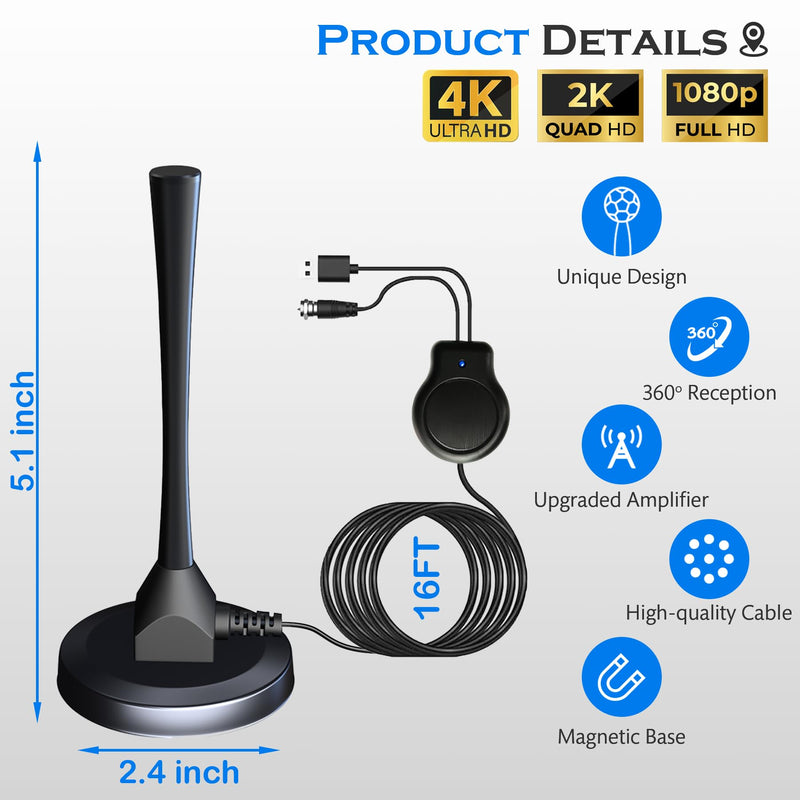2025 Digital TV Antenna Indoor Antenna for Smart TV for Local Channels, Amplified Long Range Reception HDTV Antenna Without Cable for All TVs Support 4K 1080p TORCH