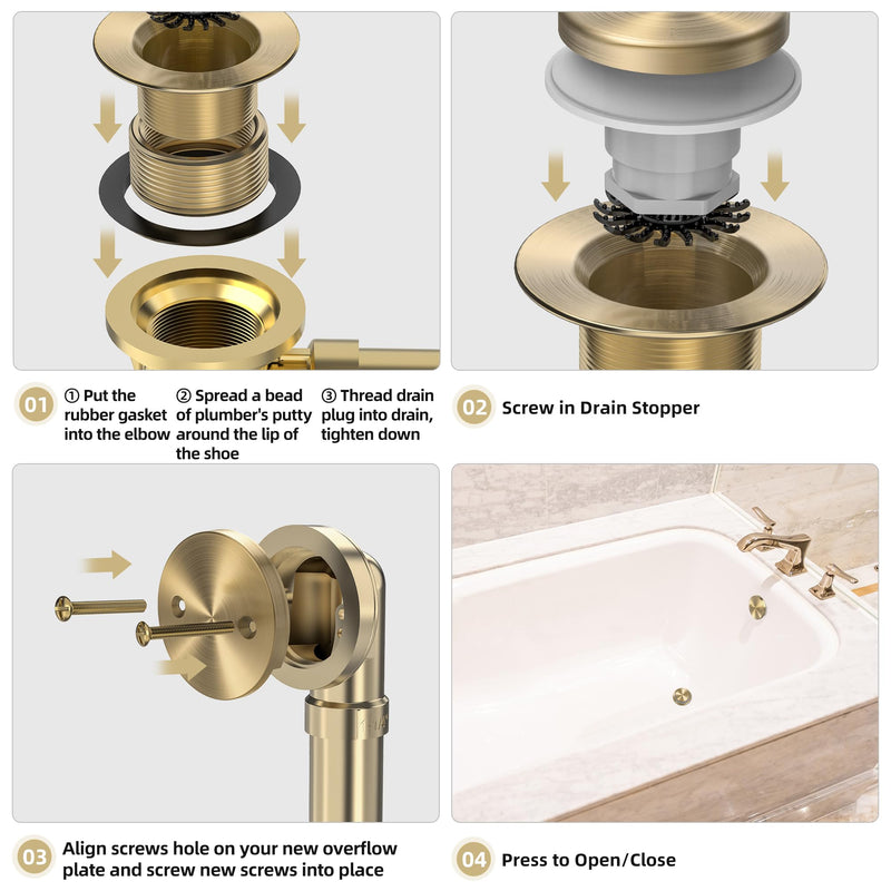 Brushed Gold Tub Drain Kit with Hair Catcher, Premium Brass Tip-Toe Bathroom Tub Drain Replacement and 2-Hole Overflow Faceplate, 11.5/16 UNC Bathtub Drain Stopper Assembly Brushed Gold