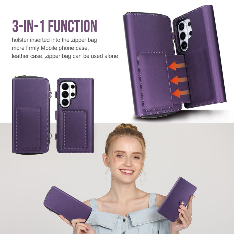 for Samsung Galaxy S26 Ultra Detachable Wallet MagSafe Case, Purple | PU Leather,RFID Blocking,Zipper Purse,11 Card Slots,Crossbody Strap,Kickstand,Shockproof,Flip Cover,Magnetic 3in1 Phone Case