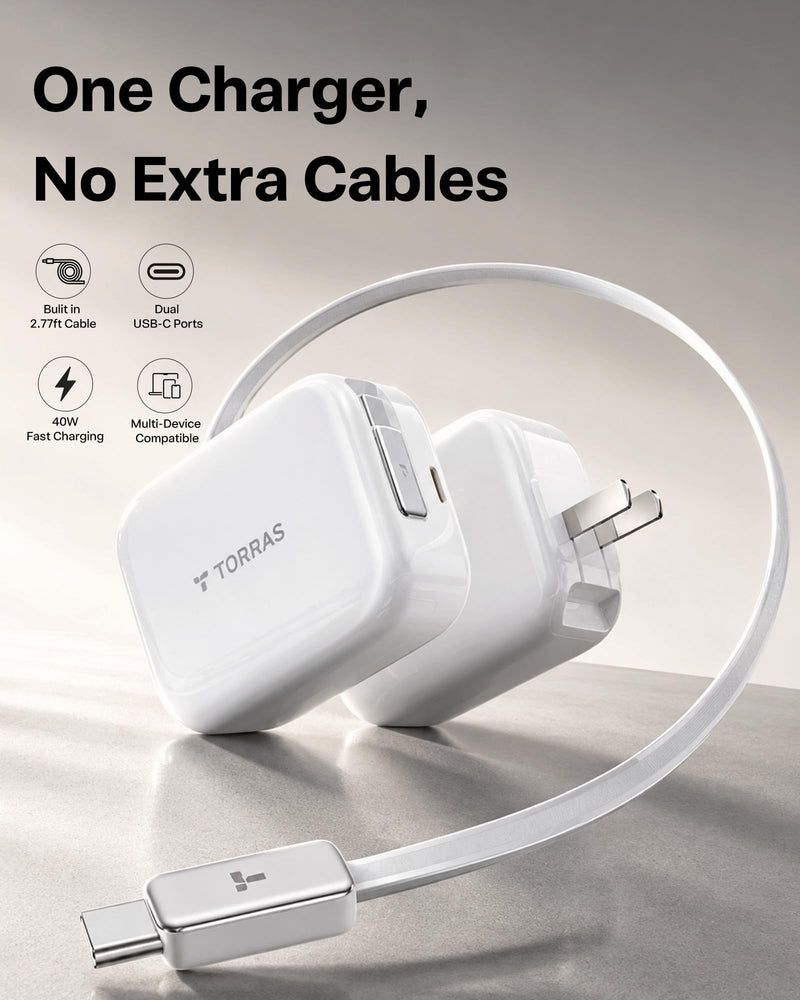 TORRAS FlexLine 40W USB C Charger,Dual-Port GaN Retractable Wall Charger | iPhone17/16/15,iPad,Macbook,Galaxy Compatible,Retractable Cable&Foldable Plug,Fast Charging,GaN,Travel and Desk Use