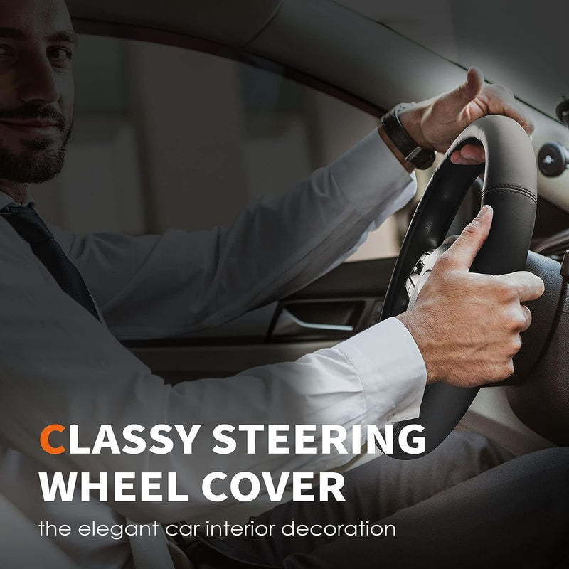 HOTOR Car Steering Wheel Cover - Universal Car Accessory for Diverse Cars, Durable Leather Cover with Anti-Slip Lining, for Steering Wheel with a Diameter of 14.5"-15",Black Standard Size [14.5"-15"] Black