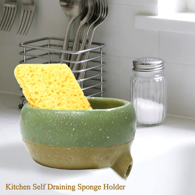 Self Draining Soap Dish and Soap Holder with Drain Spout for Sink, Shower, Bathroom, and Kitchen - Compact Resin Sponge Holder and Organizer, Keep Dry and Easy Cleaning Design, Green Rustic Green