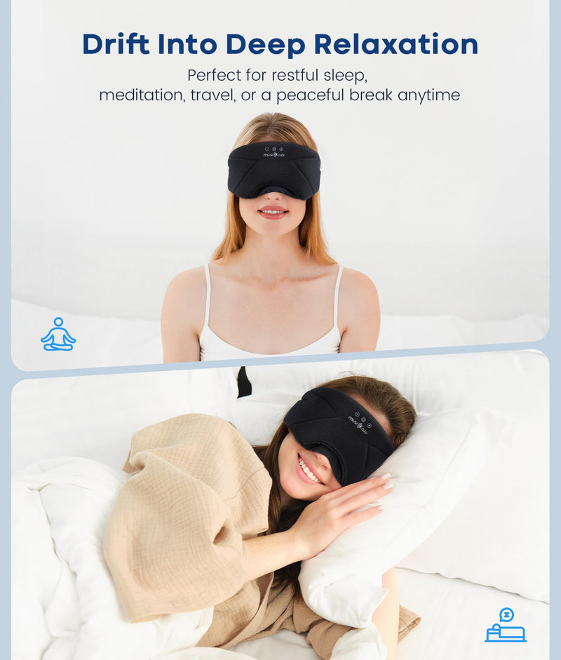 MUSICOZY Bluetooth Sleep Mask Headphones with HD Speakers for Side Sleepers | Ultra-soft Bluetooth 5.4 Wireless Over-Ear Washable with HD Stereo Ideal for Travel Meditation Relaxation Gifts for Men Women Midnight Black