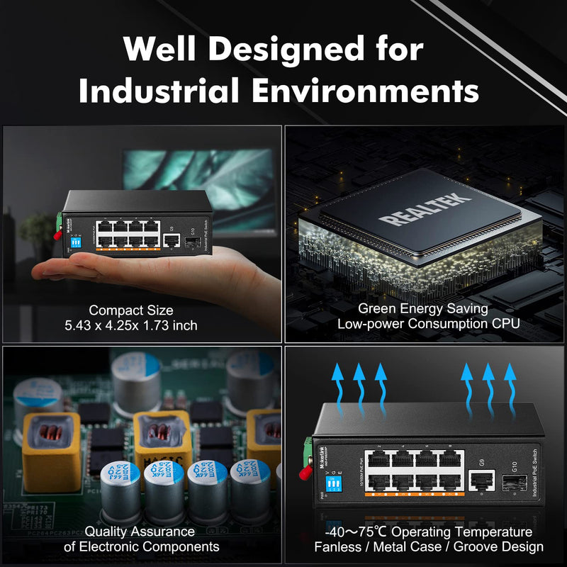 MokerLink 10 Port PoE Industrial Din Rail Switch, 8 Ports PoE+ 100Mbps IEEE802.3af/at, 1 Gigabit Ethernet and 1 SFP Uplink, Vlan & Extend Mode, DIN-Rail & Wall Mount 8POE + 2GE + 1SFP