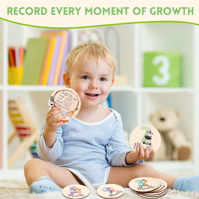 Monthly Baby Milestone Cards - Pregnancy and Baby Shower Gifts,Baby Monthly Milestone Cards with Animals Printed Milestone Wooden Discs includes Boy/Girl Birth Announcement Sign