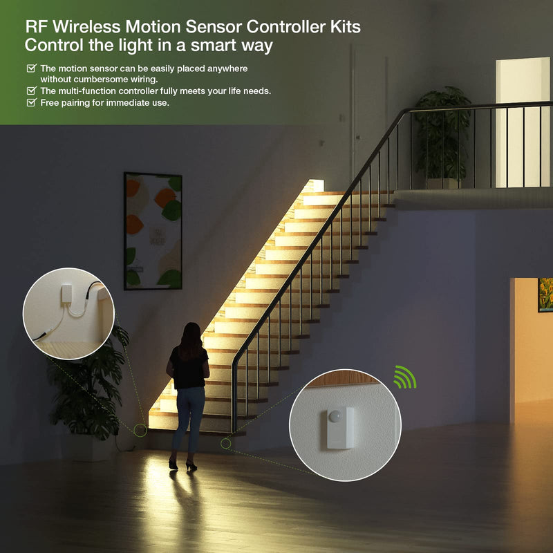 RAYZEEK Wireless Motion Sensor Controller Kit - No Wiring Mini PIR Sensor Switch 12/24VDC RF Wireless Control Led Strip Lights with Dimmable, Timer for Stairway Controller*1+Motion Sensor*1