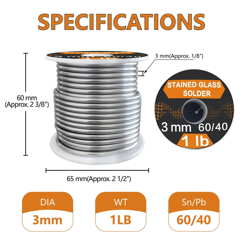 60/40 Solder for Stained Glass, 1/8"(3mm) Dia, 1 lb Spool, Supplied by ANOSON