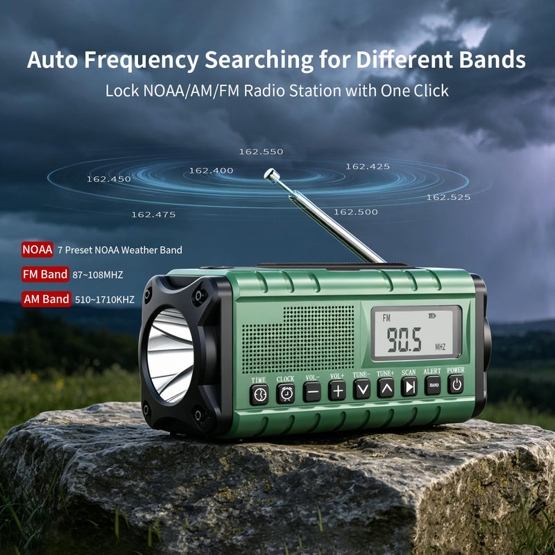 10000mAh/37000mWh Emergency Radio-Weather Radio Portable AM FM Auto Scan with Solar Panel/Hand Crank/AC Input Rechargeable Battery with Flashlight Reading Lamp SOS Siren for Indoor/Outdoor Emergency Green