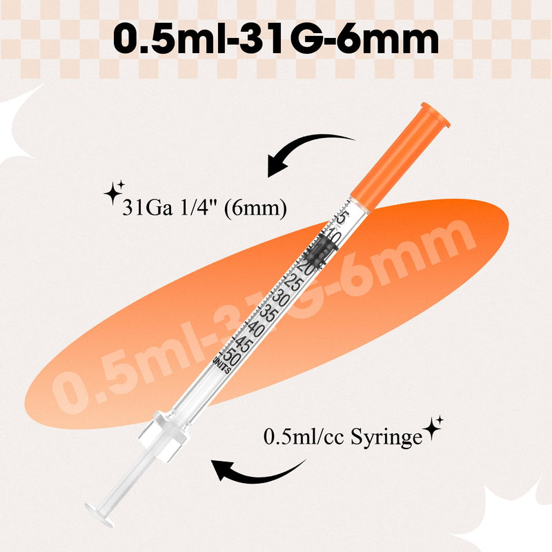 0.5ml Syringe with Cap, 31G 1/4" 6mm 1/2cc Syringes, Disposable Individual Package, Pack of 100 1/2cc-31G 1/4"