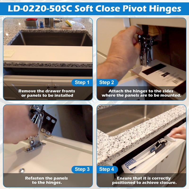 LD-0220-50SC Soft Close Pivot Hinges Pair of Self Closing Cabinet Door Hinge Tip Out Tray Hinges for Closets Bookcases Sink Tip-Out Door Support Frame Hinge with Screws (2 Pair) 2 Pair