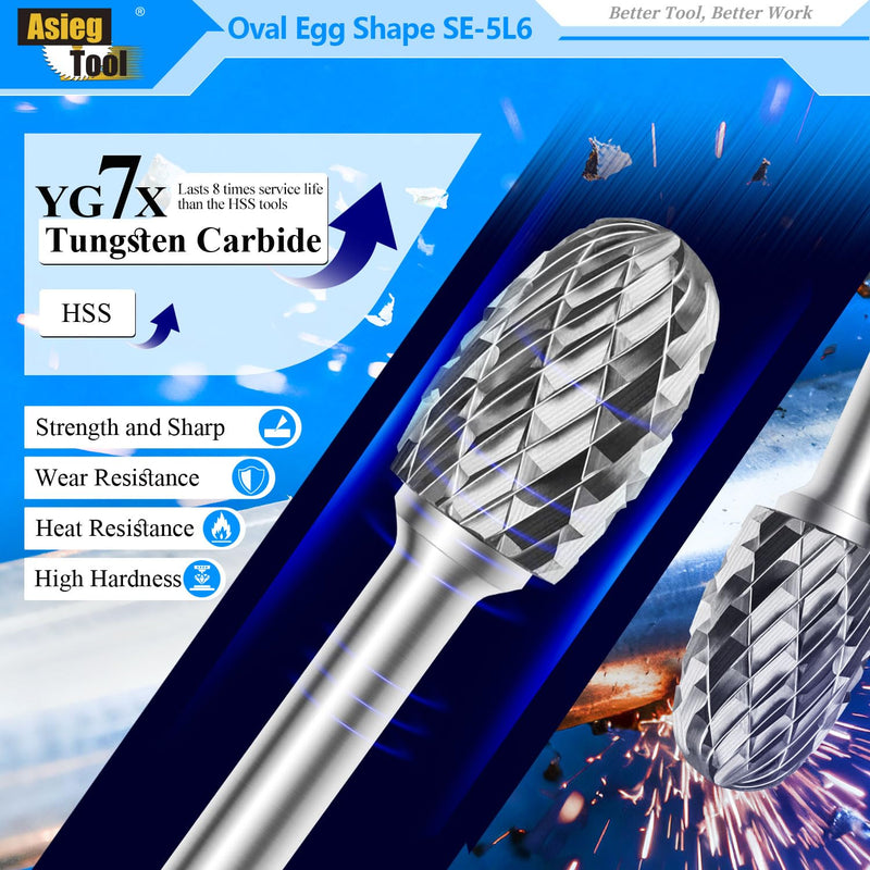 SE-5L6 Tungsten Carbide Burr Lengthened Rotary File Oval Egg Shape Double Cut with 1/4''Shank for Die Grinder Drill Bit SE-5L6