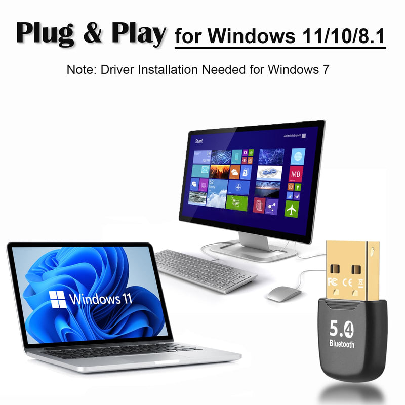 Bluetooth 5.4 Adapter, USB Bluetooth Dongle Receiver for PC, Plug and Play for Windows 8.1/10/11, Connect up to 7 Devices, Supports Wireless Keyboard, Mouse, Headphones, Speaker, Game Console, etc