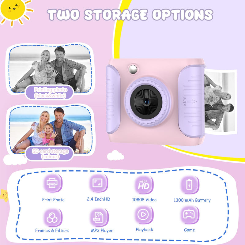 Instant Print Camera for Kids,2.4 Inch Screen Kids Instant Cameras,Christmas Birthday Gifts for Girls Age 3-12, Portable Toddler Toy for 3 4 5 6 7 8 9 10 11Year Old Girls Boys Pink