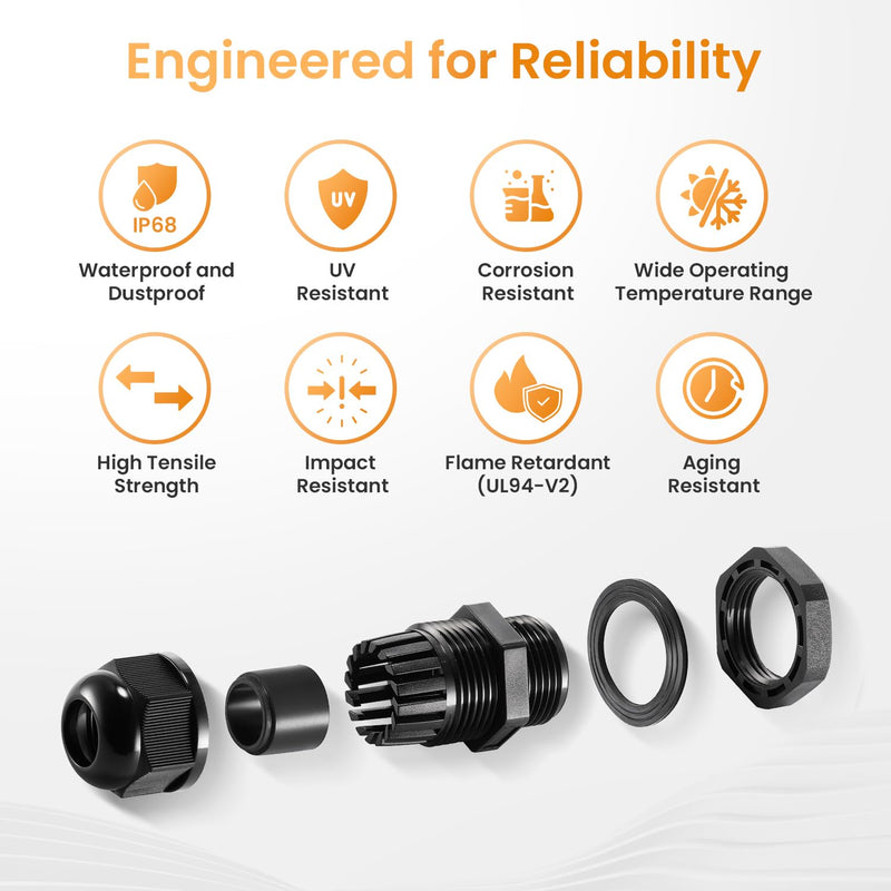 QILIPSU 50pcs 1/2" NPT Cable Gland Waterproof IP68 Nylon Cable Pass Through Cord Grip Connector Strain Relief Wire Grommet 1/2" NPT 50pcs
