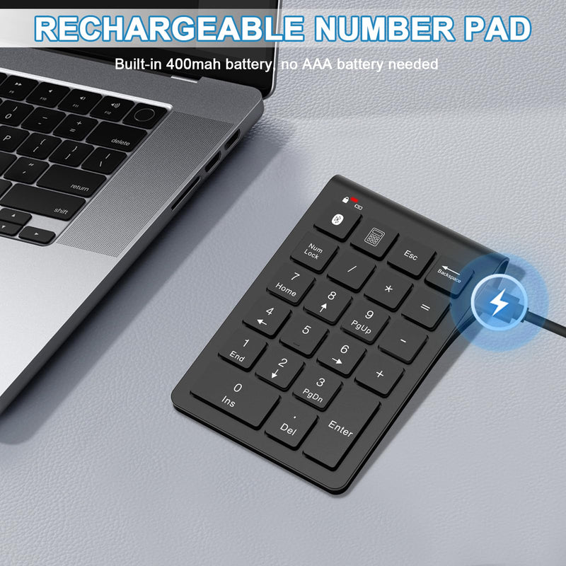 Bluetooth Number Pad Wireless & Wired 10 Key USB Keypad Two in One, Rechargeable Numpad for Laptops, Desktop, Computers Accessories Compatible with MacBook iPads ChromeBook EliteBook Notebook etc. Black