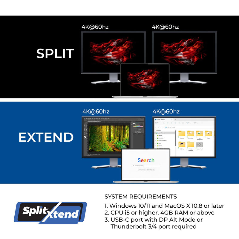 OREI SplitXtend USB-C to Dual HDMI Adapter 4K 60Hz – Dual Monitor USB C Hub with 95W Power Delivery, USB-C DP Alt Mode & Thunderbolt 3/4 Compatible, HDMI Adapter for Windows & MacOS