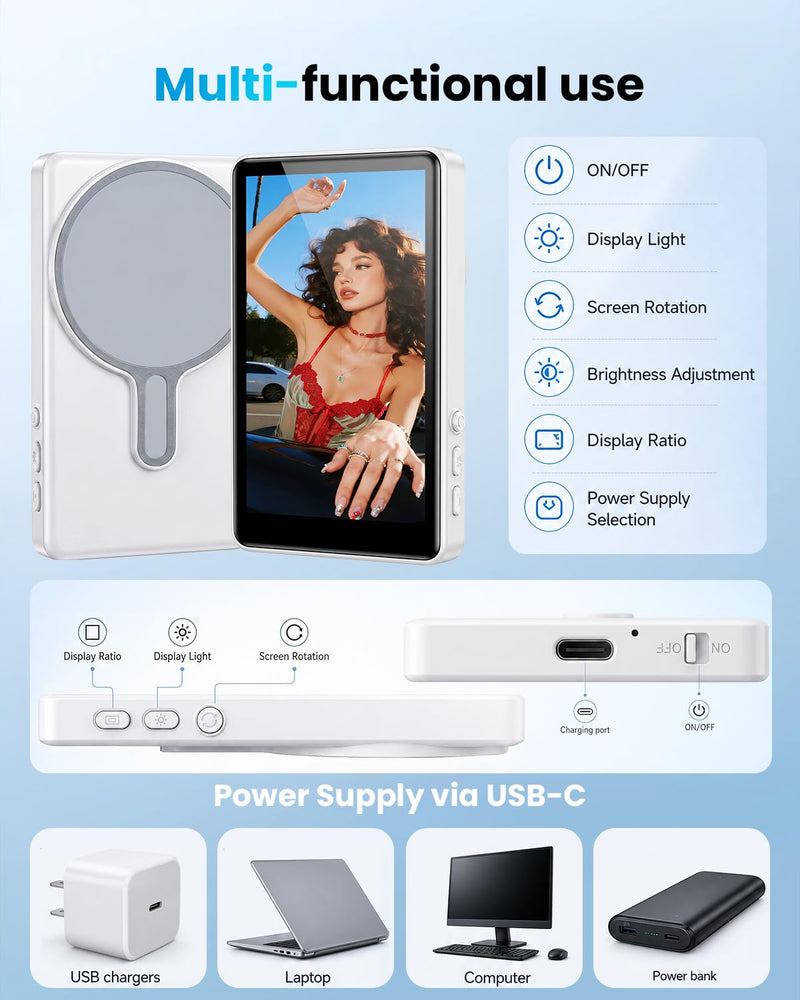 Magnetic Vlog Selfie Monitor Screen for iPhone & Android, 4-Inch IPS HD Wireless Back Camera Monitor with Bluetooth Remote, 1800mAh Battery, 3-Level Brightness, No Delay Live Stream for TikTok YouTube White