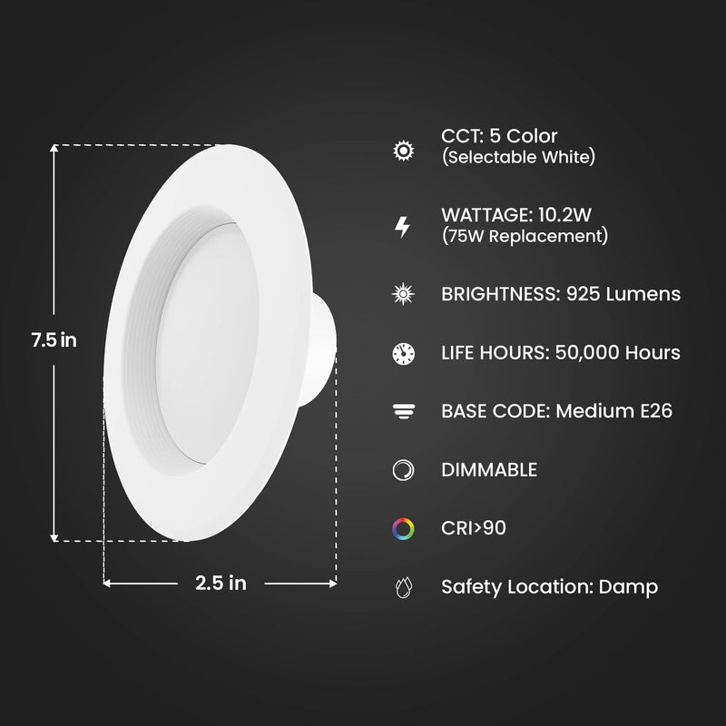 Feit Electric LED Recessed Light Retrofit Kit - 5/6 in Dimmable with Baffle Trim, 75W Equivalent, Adjustable White 2700K–5000K, 90+ CRI, for Living, Bathroom, Dining & Kitchen Room 6 Count (Pack of 1) 6 Way + 75W