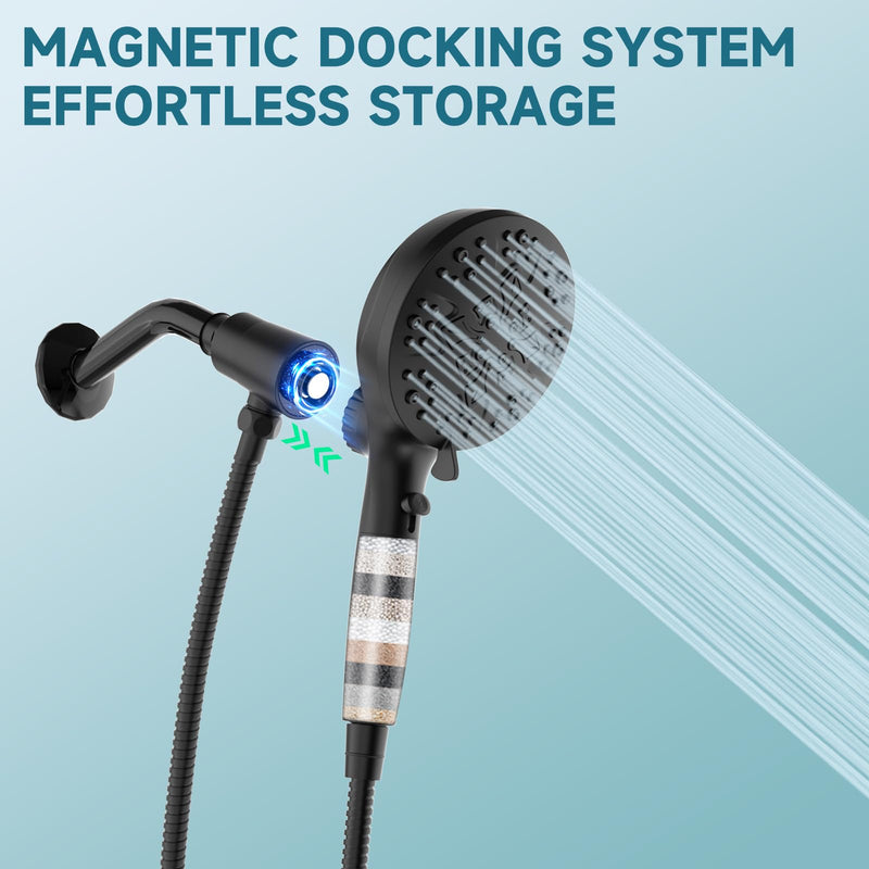 5" Filtered Handheld Shower Head with 10 Spray Modes,High Pressure Detachable Showerhead with Magnetic Docking, Water Flow Control & 69" Stainless Steel Shower Hose,Black Black