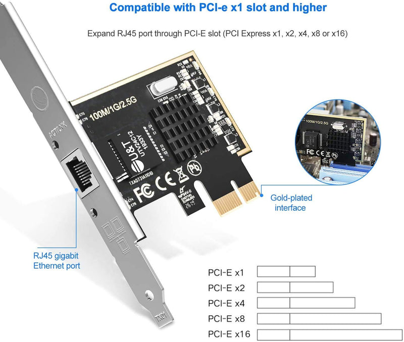2.5GBase-T PCIe Network Adapter with 1 Port, 2500/1000/100Mbps PCI Express Gigabit Ethernet Card RJ45 LAN Controller Support Windows Server/Windows/Linux, Standard and Low-Profile Brackets Included 2.5G Network card with RJ45 Port