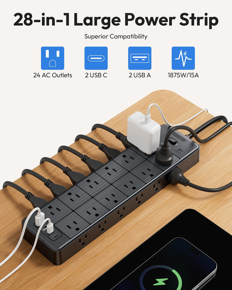 Large Power Strip Surge Protector, NTONPOWER 5FT Extension Cord with 24 AC Outlets, 1875W/15A, 4000 Joules Flat Plug Power Extender for Home, Office, Dorm, Gaming Room, Black
