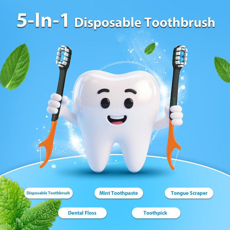 70Pack Disposable Toothbrushes with Toothpaste + Pick + Floss + Tongue Scraper 5-in-1 Mini Prepasted Travel Toothbrush for Hotel Camping Flight Car Single Use Portable Individually Wrapped | Mint Orange - Burst Bead 70 Pack