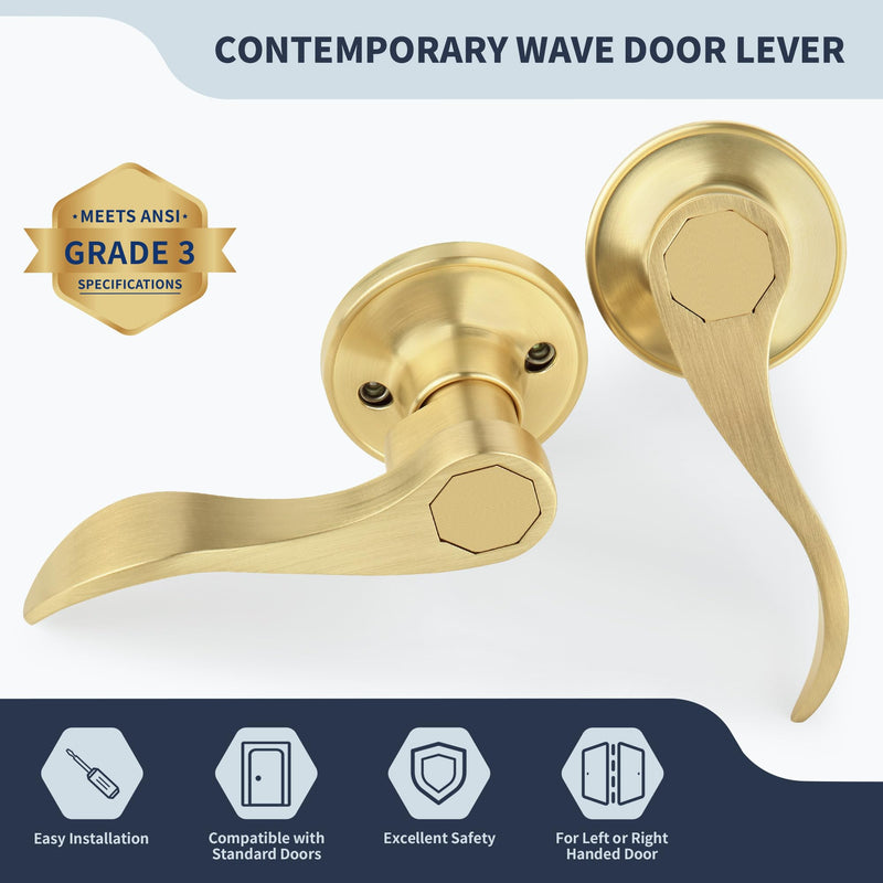 Wave Style Door Lever, Brushed Gold Passage Door Handle, Keyless Gold Interior Lever Reversible for Left/Right Handed for Hallway and Closet with Satin Brass Finish, 1 Pack Passage (No Lock & keys)