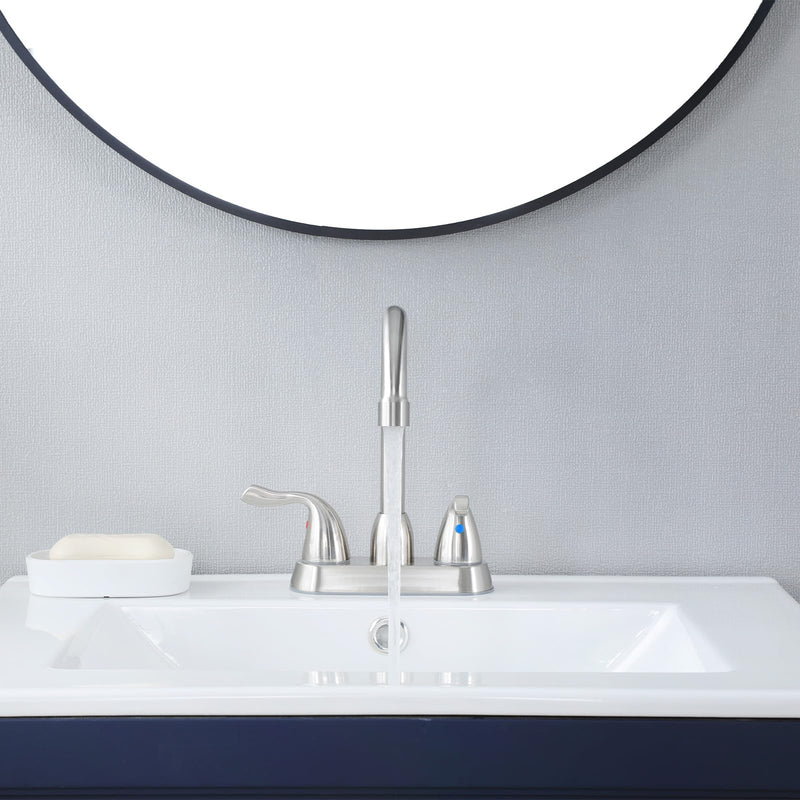Brushed Nickel Bathroom Sink Faucet, 2 Handle 4 Inch Centerset Bathroom Faucet, 3 Hole Small Bathroom Sink Faucet with Supply Lines and Pop-up Drain, RV faucets for Camper Lavatory Vanity Brushed Nickel Two Handle