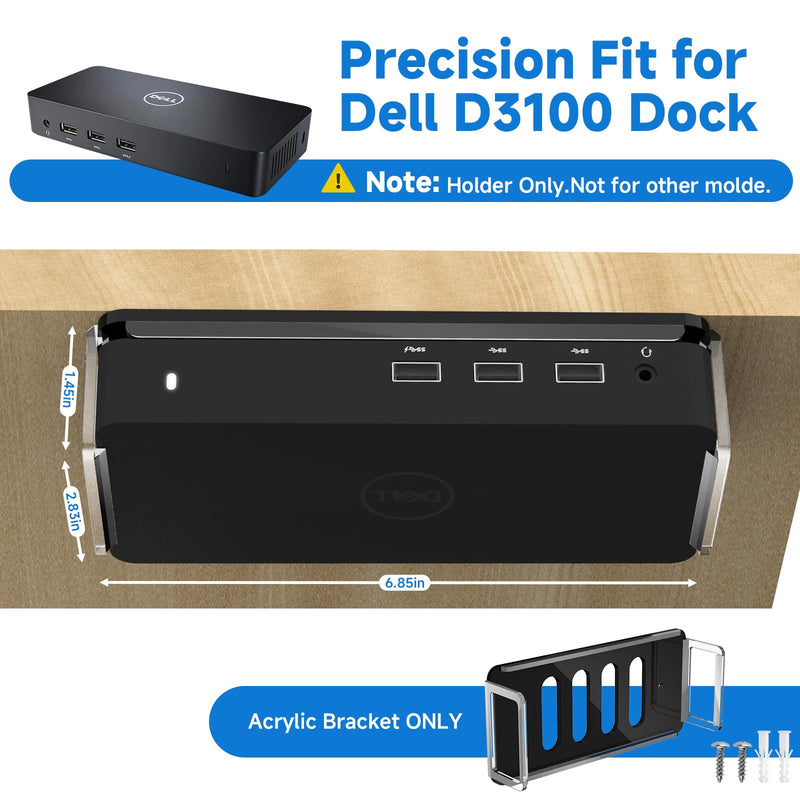 Screw-Mount Docking Station Holder for Dell D3100 Dock- Under Desk & Wall Mount Acrylic Organizer Stand (Black)