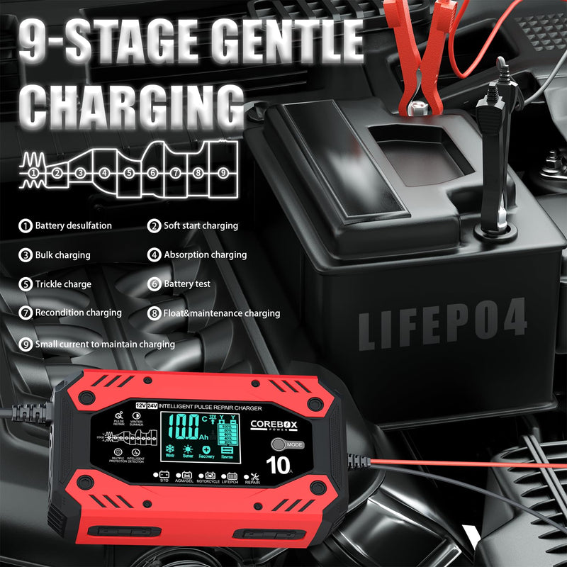 Battery Charger 10-Amp 12V/24V Smart Trickle Charger for Car - Battery Maintainer Trickle Charger, and Automotive Battery Charger with Temperature Compensation for Car Truck Motorcycle Lawn Mower 10CD
