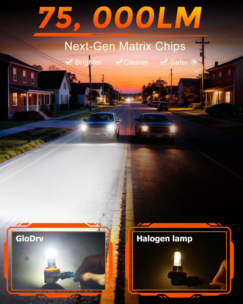 [2026 Upgraded] H 11 LED Light Bulbs for Cars, 6500K Cool White, 75,000LM, 1:1 Halogen Beam, All-in-One Mini Design, Canbus Ready, Plug and Play, IP68 Waterproof, Fog Light, Pack of 2 H11/H8/H9