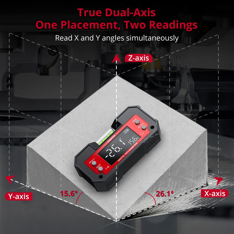 XUNTOP Digital Angle Finder Tool Dual Axis X-axis of 4×90° and Y-axis of ±60° Powerful Magnetic Base Level Box Type-C Rechargeable Digital Inclinometer with LED Display for Woodworking Table Saw