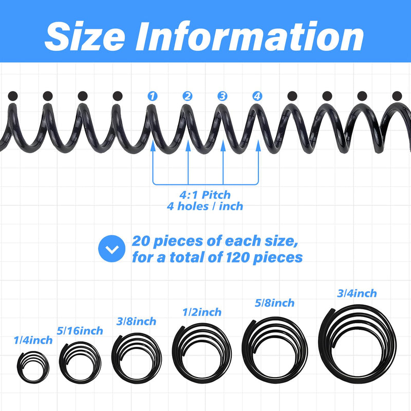 GEMLORD 120 Packs Spiral Binding Coils Plastic Binder Binding Spirals Rings Multi Size Spiral Binding Wire Combs Spines Coils, 4:1 Pitch,1/4 5/16 3/8 1/2 5/8 3/4 Inch (Black)