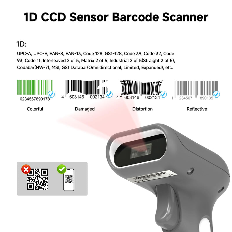 VOTTAN 1D Wireless Barcode Scanner, 5000mAh Battery 36H Continuous Scanning, CCD Sensor Industrial Drop Resistant Handheld Barcode Scanner Gun
