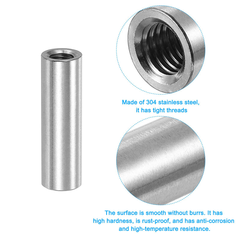 uxcell M8x1.25mm Round Coupling Nuts, 25 Pcs 304 Stainless Steel Connector Nuts Fasteners Rod Bar Stud 40mm for Industrial Construction Fasteners, Silver M8x1.25mm x 40mm