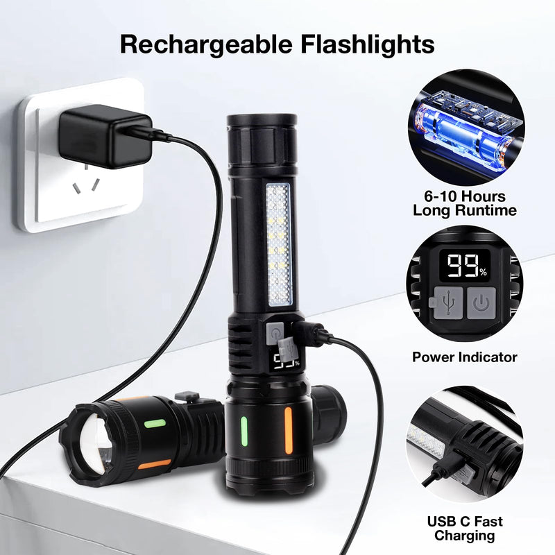 Flashlights High Lumens Rechargeable 2 Pack, Peascat 900,000L LED Tactical Flash Light, USB C Fast Charging, 5 Modes, IPX6 Waterproof, Power Display, Zoomable Handheld Flashlight for Camping Emergency M-2pc