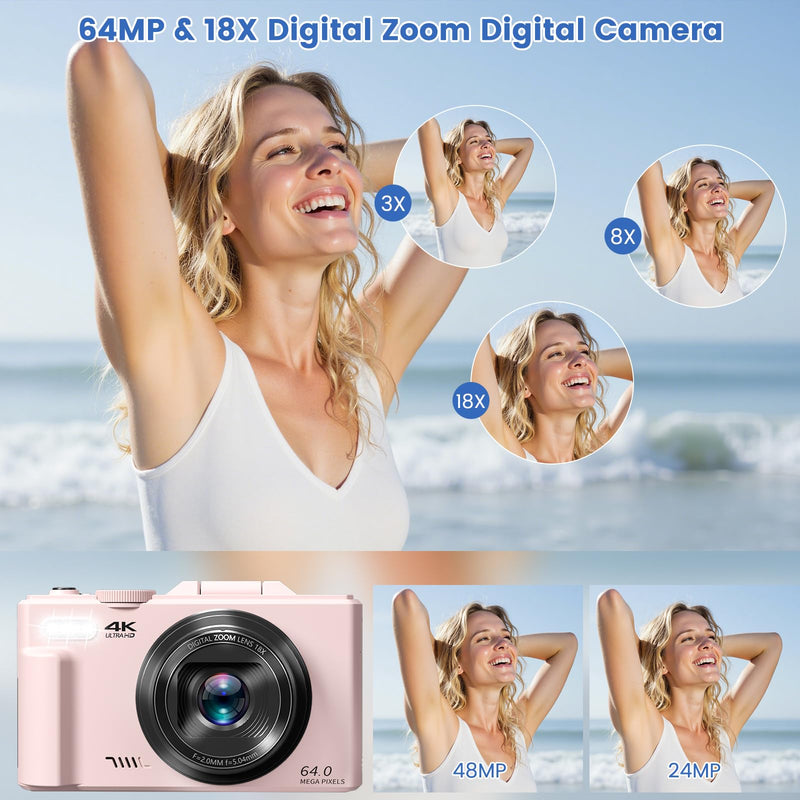 4K Digital Camera for Photography,64MP Vlogging Camera for YouTube(Pink) | 3" 180°Flip Screen, 18X Digital Zoom,WIFI,Autofocus Compact Camera with Flash,32GB TF Card & 2 Batteries Pink