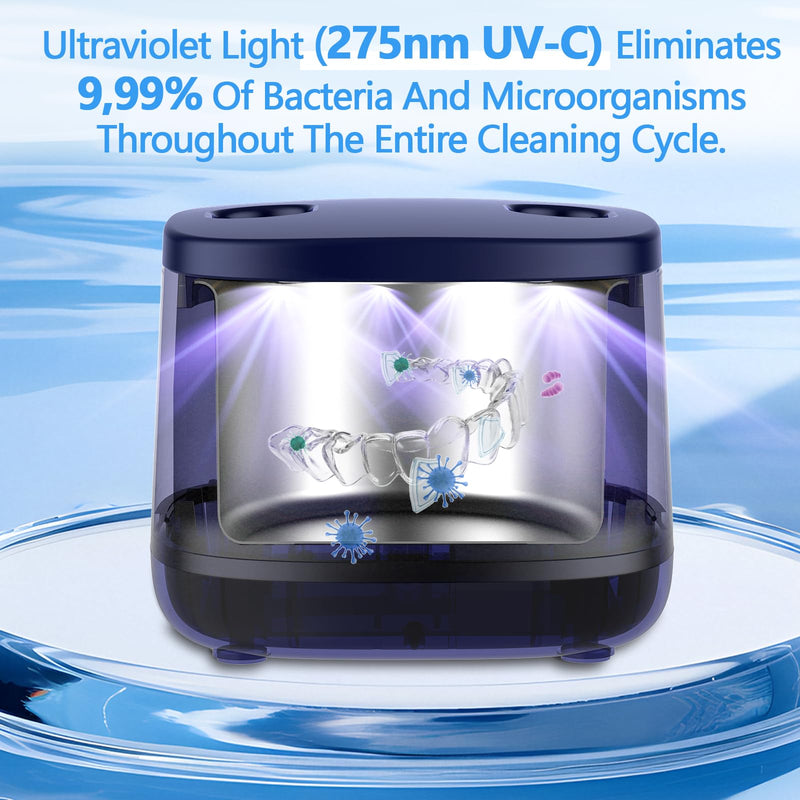 Dental Ultrasonic Retainer Cleaner Machine-45khz, Cleaning for Dentures, Mouth Guards, Aligners, Night Guards, Braces, Toothbrush Heads & Jewelry,Protable UV Retainer Cleaning Pod for Home &Travel Blue