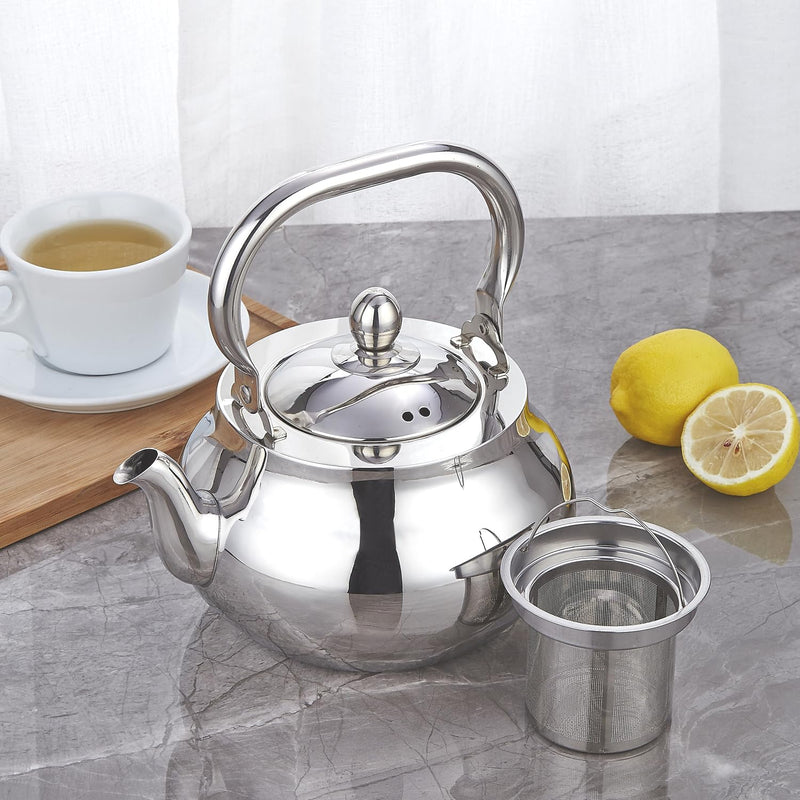 SANQIAHOME Stainless Steel Teapot With Removeable Infuser 71 oz (2000ml) Thickened Mirror Polished Stovetop Tea Maker for Herbal and Infusion 2000ml Silver(J)