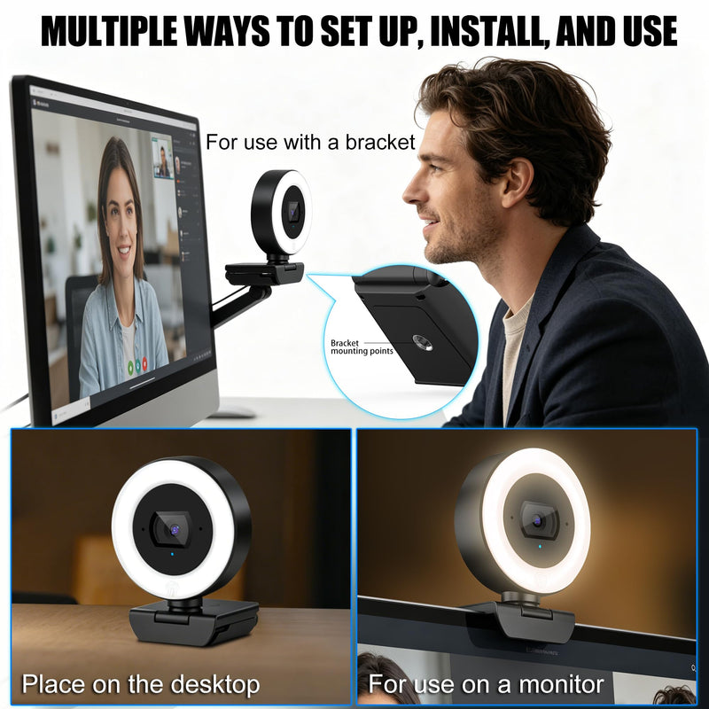 4K Webcam with Ring Light, PDAF Autofocus Web Camera for Desktop Computer | SIWOTECH Streaming Camera, 4K Webcam for PC, Built-in Privacy Cover, Dual Omnidirectional Mics, USB Plug-and-Play for Zoom