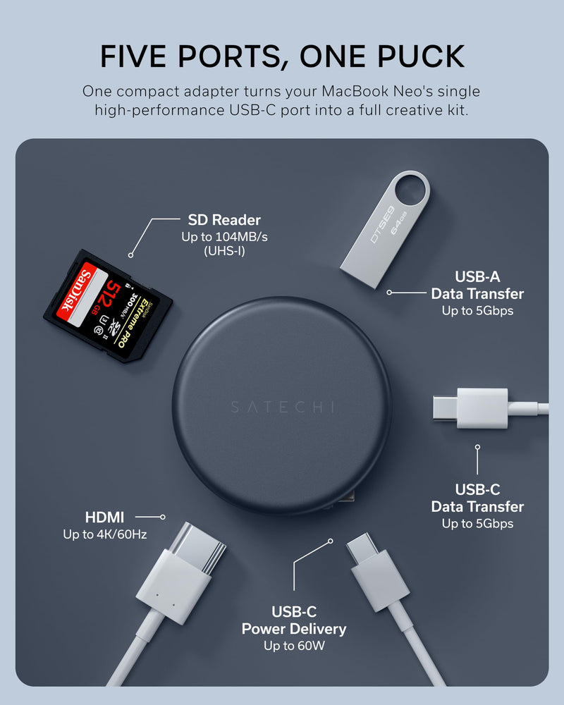Satechi OntheGo 5-in-1 USB-C Hub, 4K/60Hz HDMI, SD Card Reader, Indigo | USB hub, 60W PD pass-through charging, SD card reader, 5 Gbps Type-A/Type-C data, magnetic mount, for MacBook Neo/Air/Pro