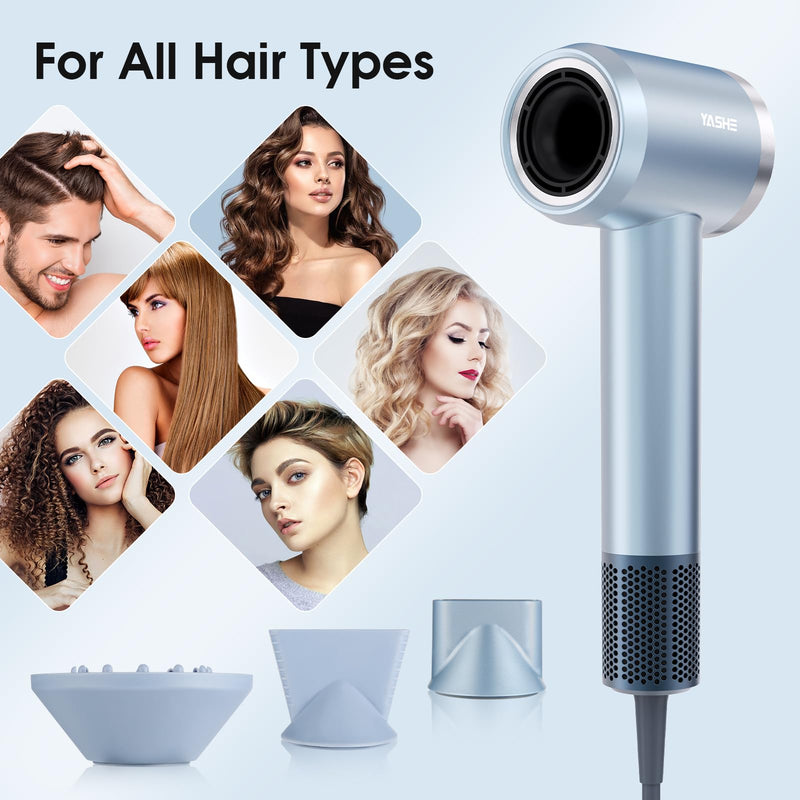  [AUSTRALIA] - YASHE Hair Dryer, 110,000 RPM High-Speed Brushless Motor, Low Noise Fast Drying 22m/s, Hairdryers for Women & Men, 1 Diffuser and 2 Concentrator, Negative Ionic Blow Dryer for Salon Home Travel Light Blue