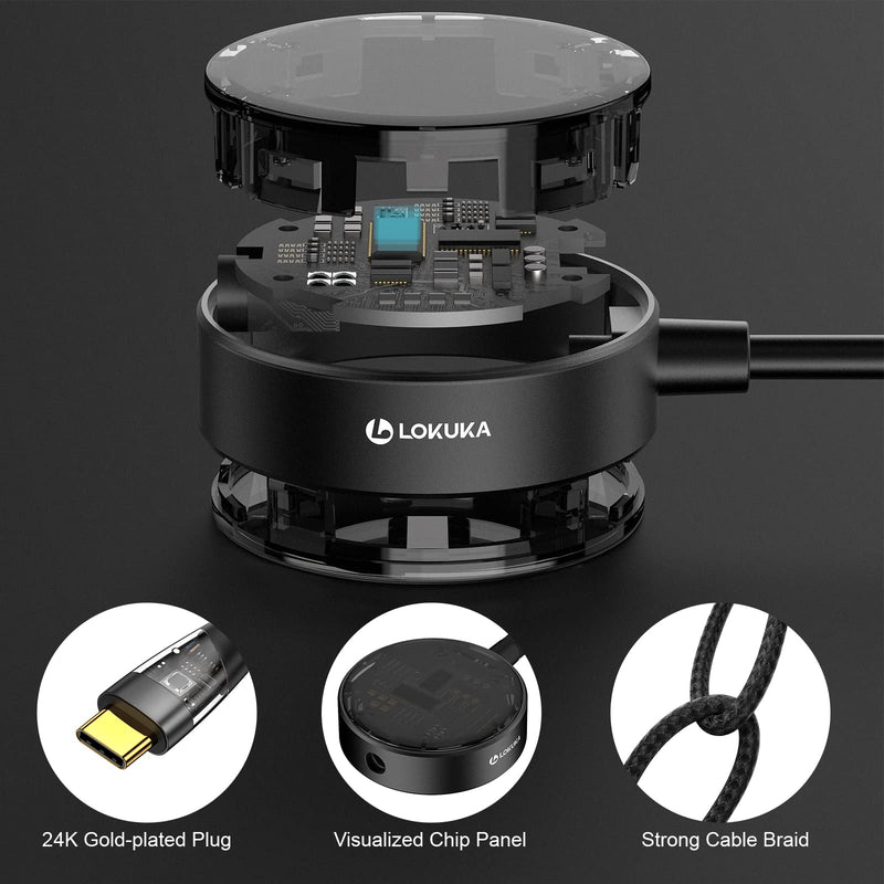 USB C to 3.5mm Headphone and Charger Adapter, 2-in-1 Hub USB Type C to TRRS 3.5mm AUX/Mic and PD 3.0 60W Fast Charging Splitter, Top Series Visualized Hi-Res DAC Chip Docking Station - Black