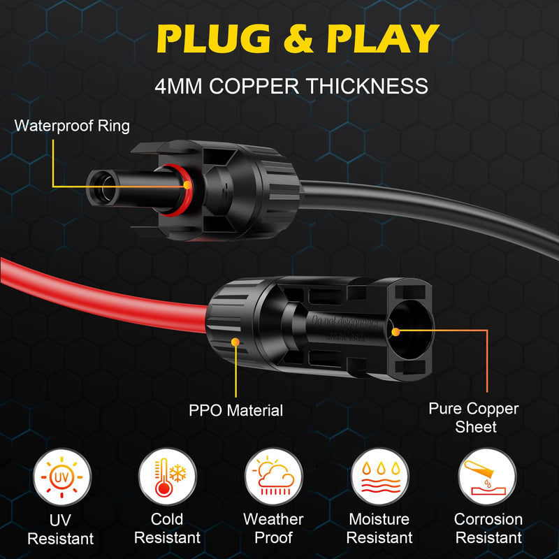 3Ft Solar Cable Solar Extension Cable,10AWG Solar Panel ExtensionCable with Female and Male Connectors,Waterproof Solar ExtensionCable Kit (Red and Black). 3FT-10AWG