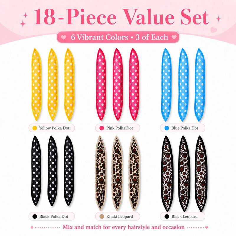  [AUSTRALIA] - 18 Pcs No Heat Hair Curlers, Soft Satin Pillow Rollers For Women, DIY Set | Sponge Rollers For Overnight Styling; Six Polka Dot And Leopard Designs; For Long And Short Hair; Natural-Looking Waves