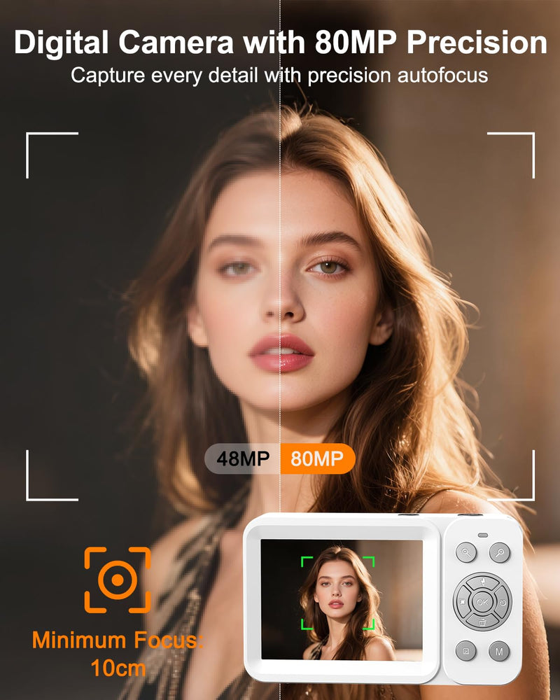 Digital Camera, 5K 80MP Dual Screen, Auto Focus for Beginners Teens | Point and Shoot Camera with 18X Zoom, 32GB Card & 2 Batteries, Great Travel Vlogging Camera for YouTube, White