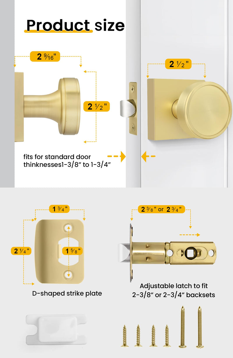 Goldenwarm Gold Passage Door Knob Interior, Zinc-Alloy Round Brushed Gold Closet Door Knob Heavy Duty Hall Closet Doorknob, Hallway - 1 Pack