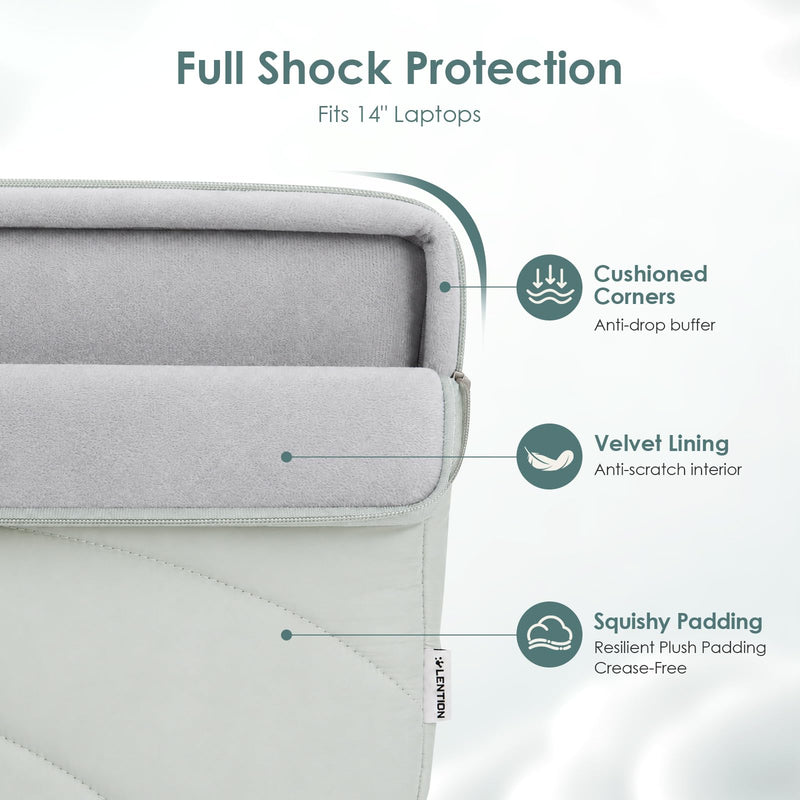 LENTION 14" Cloud Puffy Laptop Sleeve, Water-Resistant Shock-Absorbing Case | Velvet Inner Lining, Slim Portable Design, Minimalist Sage Gray Compatible with 13-14 Inch Laptops for Daily Commute & Travel